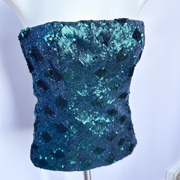 Zara Deep Emerald Green Strapless Sequins Top Shirt Size Small - Picture 2 of 8